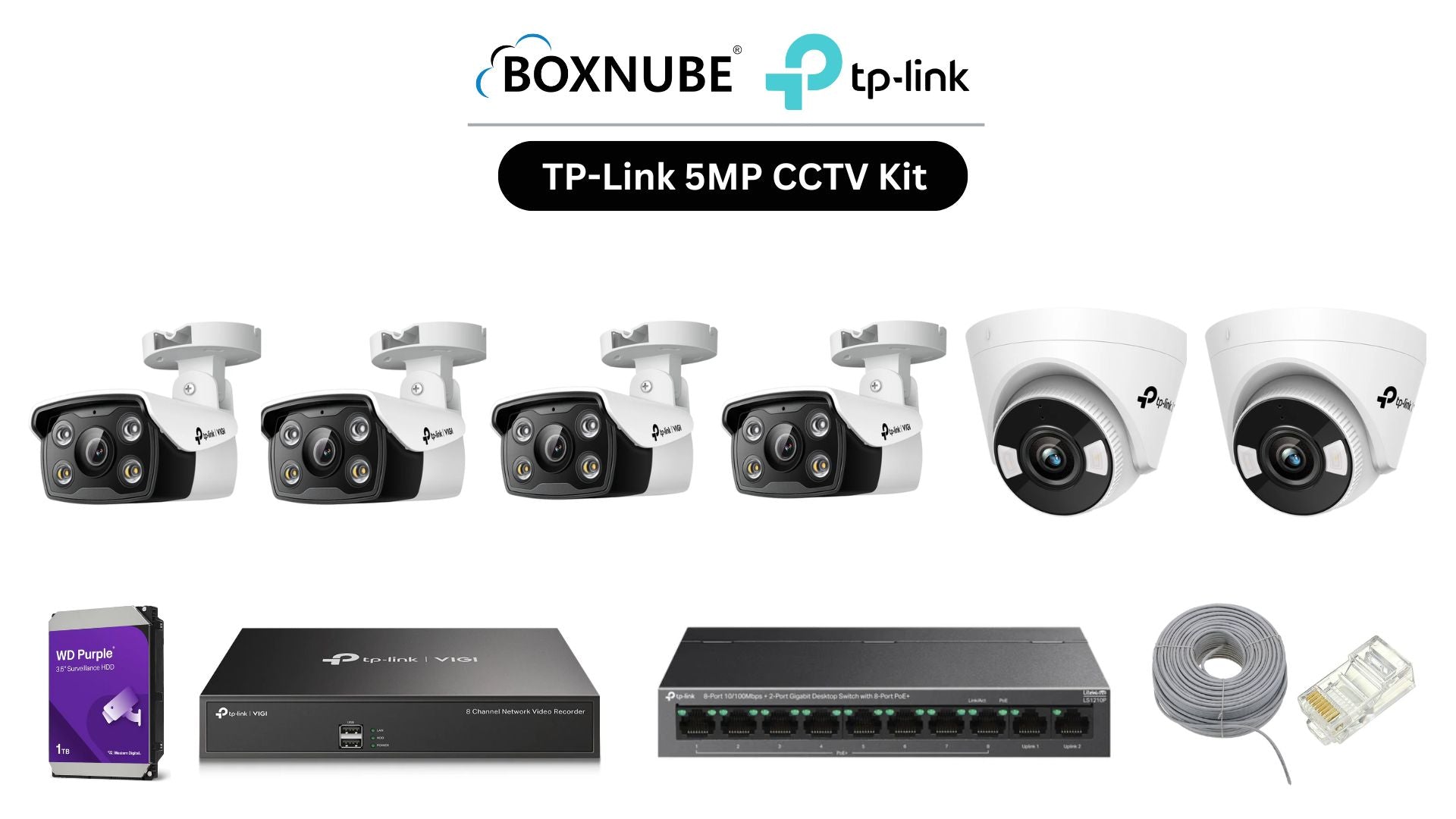 TP-Link VIGI 5MP 6 Camera Kit Bundle | 4 x C350, 2 x C450, 1 x 8 Channel NVR, 1 x 8+2 Port PoE Switch with 100M CAT6 Cable, RJ45 Connectors TP-Link VIGI 5MP 6 Camera Kit Bundle | 4 x C350, 2 x C450, 1 x 8 Channel NVR, 1 x 8+2 Port PoE Switch with 100M CAT6 Cable, RJ45 Connectors